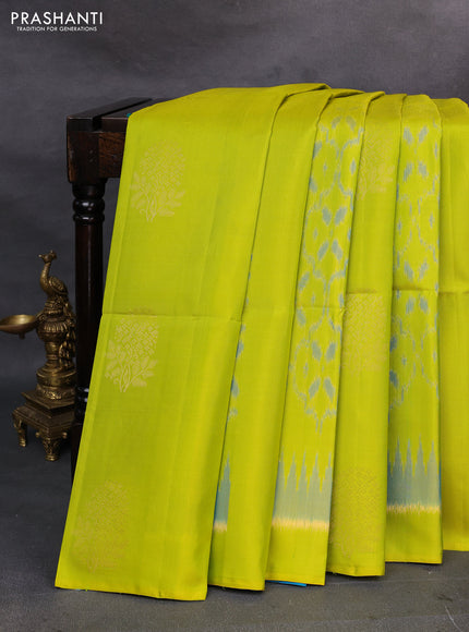 Lime Green & Cs Blue Ikat Soft Silk Saree