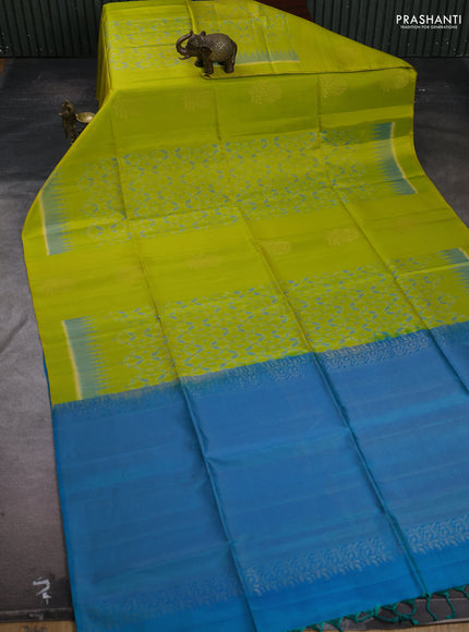 Lime Green & Cs Blue Ikat Soft Silk Saree