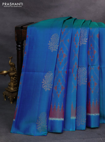 Peacock Blue & Purple Ikat Soft Silk Saree