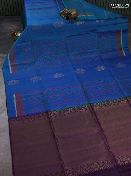 Peacock Blue & Purple Ikat Soft Silk Saree