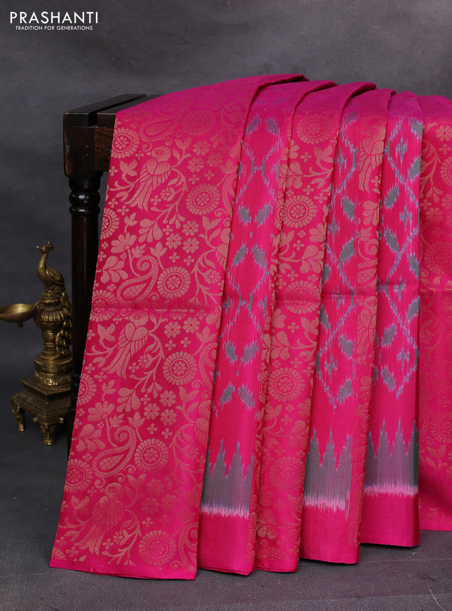 Magenta Pink & Mustard Ikat Soft Silk Saree