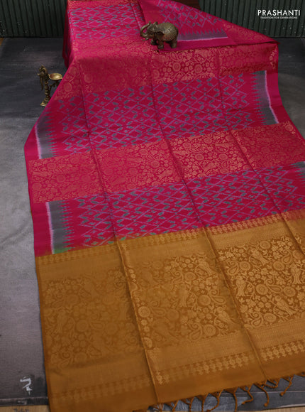 Magenta Pink & Mustard Ikat Soft Silk Saree