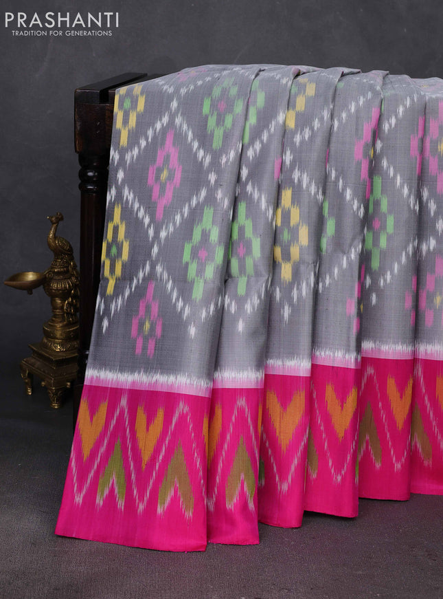 Grey & Pink Ikat Soft Silk Saree