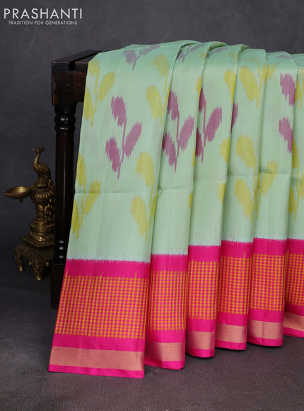 Pista Green & Pink Ikat Soft Silk Saree