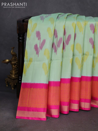 Pista Green & Pink Ikat Soft Silk Saree