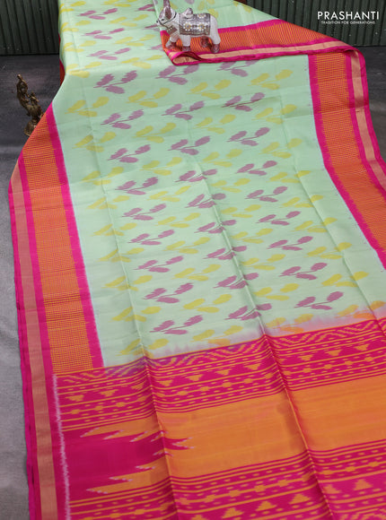 Pista Green & Pink Ikat Soft Silk Saree