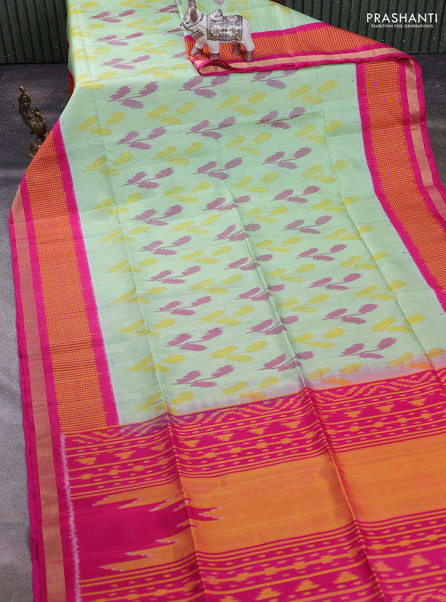 Pista Green & Pink Ikat Soft Silk Saree