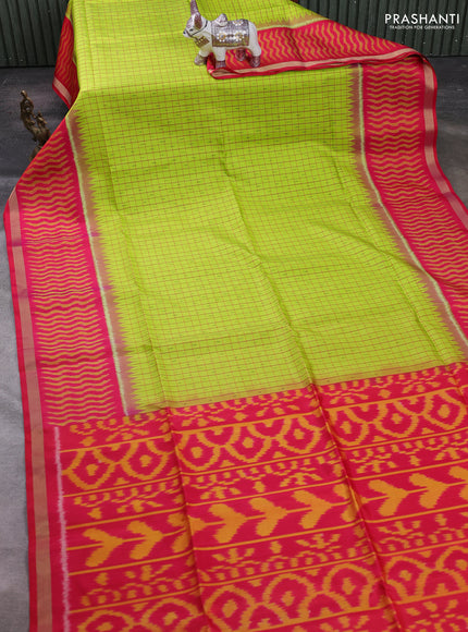 Fluorescent Green & Red Ikat Soft Silk Saree