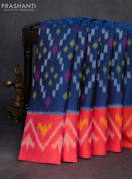 Peacock Blue & Orange Ikat Soft Silk Saree