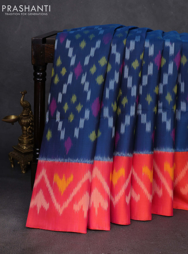 Peacock Blue & Orange Ikat Soft Silk Saree