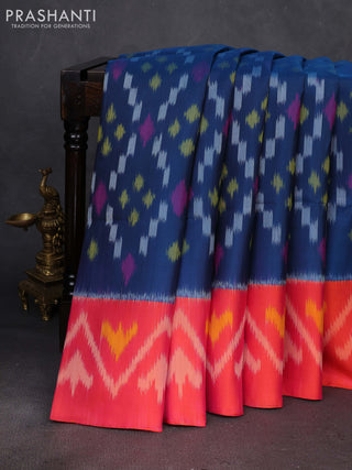 Peacock Blue & Orange Ikat Soft Silk Saree
