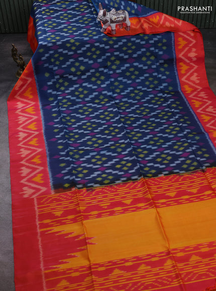 Peacock Blue & Orange Ikat Soft Silk Saree