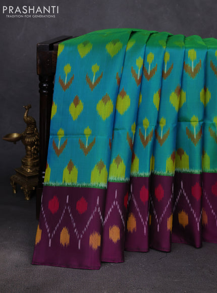 Teal Blue & Purple Ikat Soft Silk Saree