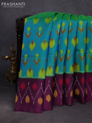 Teal Blue & Purple Ikat Soft Silk Saree