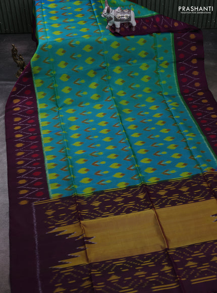 Teal Blue & Purple Ikat Soft Silk Saree