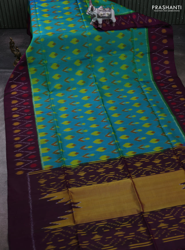 Teal Blue & Purple Ikat Soft Silk Saree