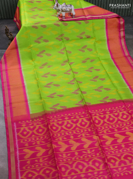 Green & Pink Ikat Soft Silk Saree