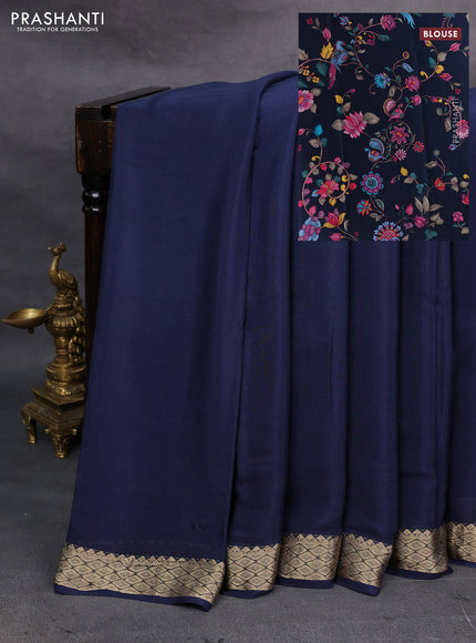 Navy Blue Pure Mysore Silk - Printed Blouse