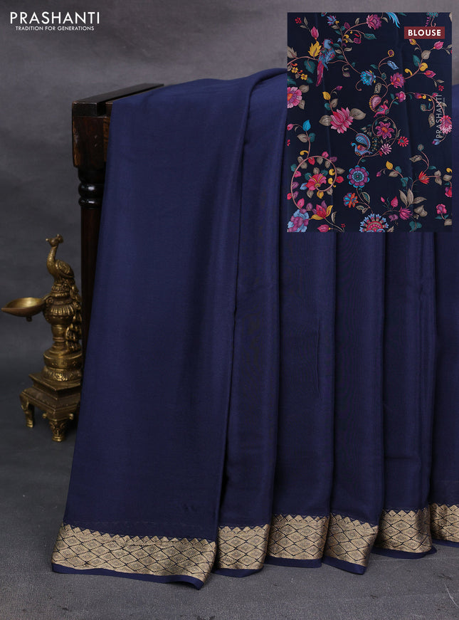 Navy Blue Pure Mysore Silk - Printed Blouse