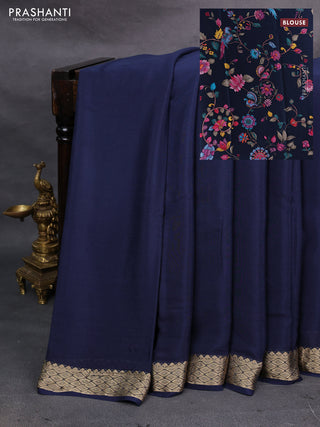 Navy Blue Pure Mysore Silk - Printed Blouse