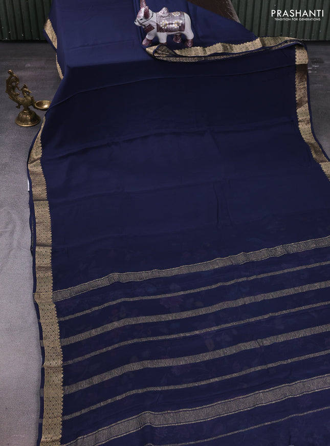 Navy Blue Pure Mysore Silk - Printed Blouse