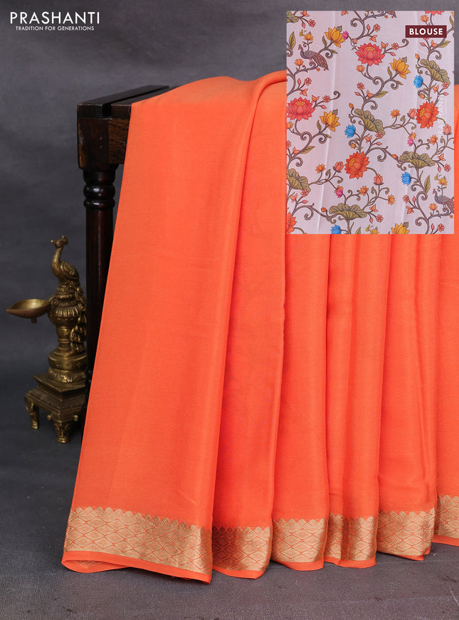 Orange & Off White Pure Mysore Silk - Printed Blouse