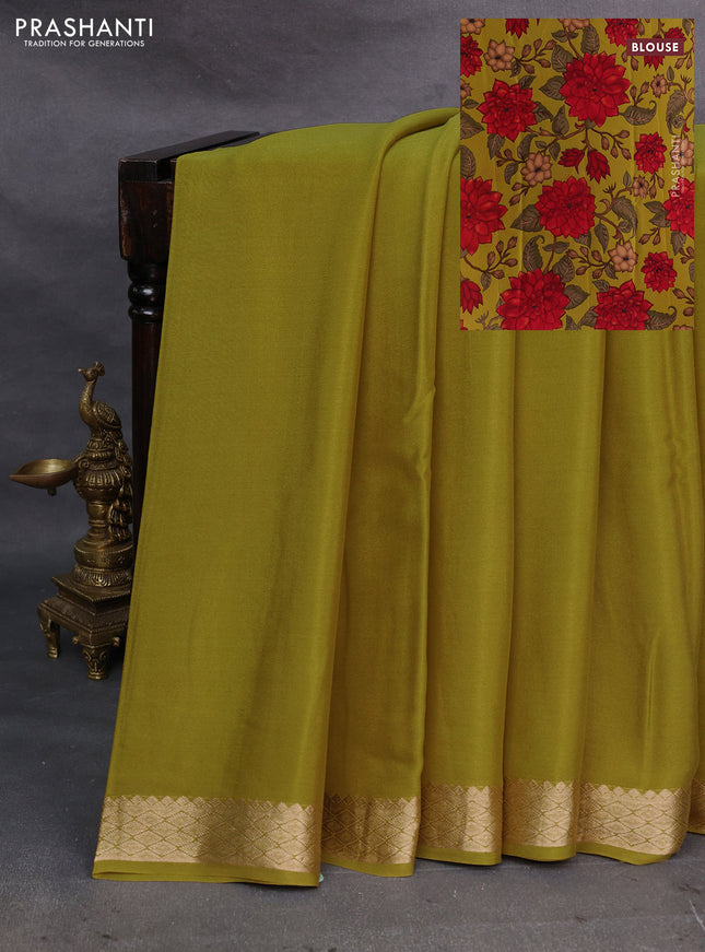Lime Green Pure Mysore Silk - Printed Blouse
