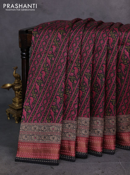 Black & Pink Pure Munga Tussar Silk - Kantha Embroidery