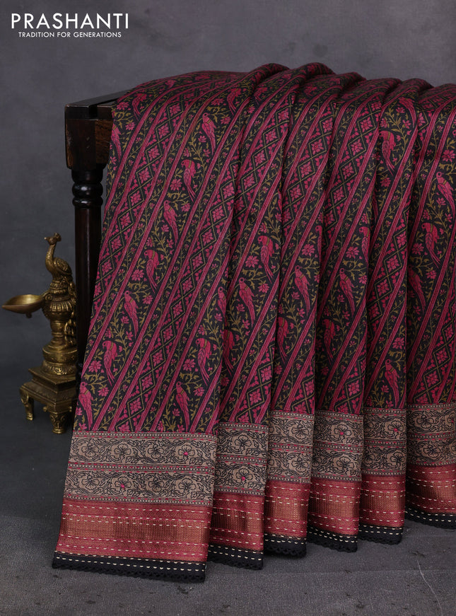 Black & Pink Pure Munga Tussar Silk - Kantha Embroidery