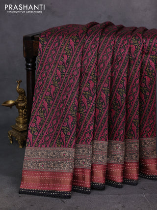 Black & Pink Pure Munga Tussar Silk - Kantha Embroidery