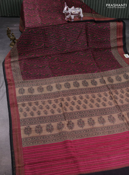Black & Pink Pure Munga Tussar Silk - Kantha Embroidery