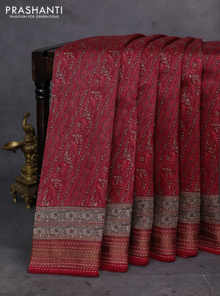 Maroon & Beige Pure Munga Tussar Silk - Kantha Embroidery