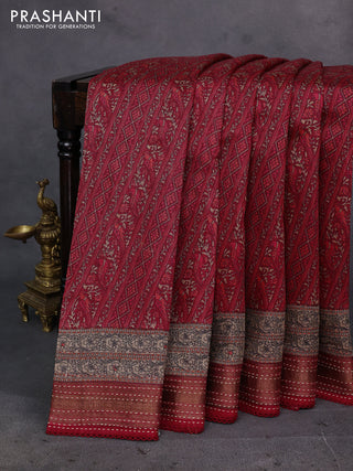 Maroon & Beige Pure Munga Tussar Silk - Kantha Embroidery