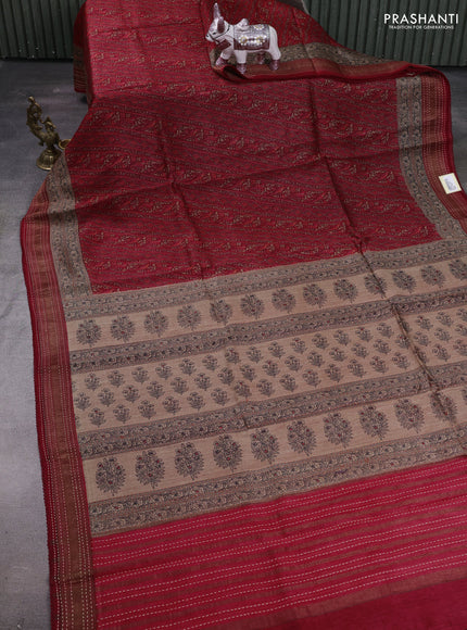 Maroon & Beige Pure Munga Tussar Silk - Kantha Embroidery