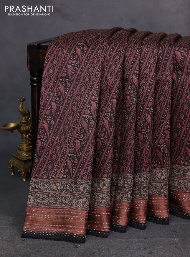 Black & Brown Pure Munga Tussar Silk - Kantha Embroidery