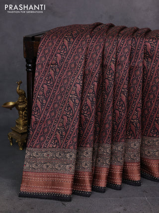 Black & Brown Pure Munga Tussar Silk - Kantha Embroidery