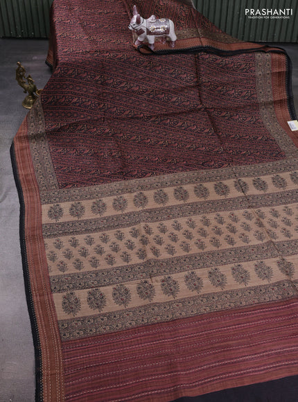Black & Brown Pure Munga Tussar Silk - Kantha Embroidery