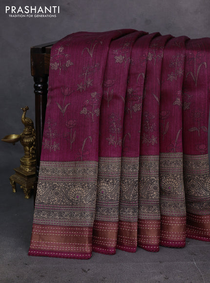 Wine Pure Munga Tussar Silk - Kantha Embroidery