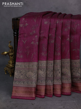 Wine Pure Munga Tussar Silk - Kantha Embroidery