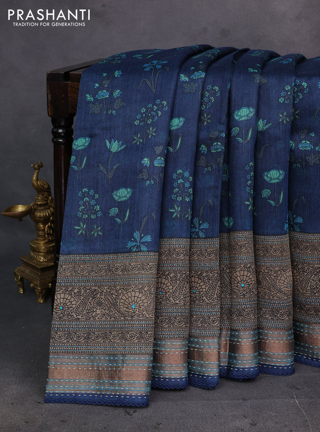 Peacock Blue & Blue Pure Munga Tussar Silk - Kantha Embroidery