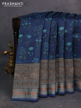 Peacock Blue & Blue Pure Munga Tussar Silk - Kantha Embroidery