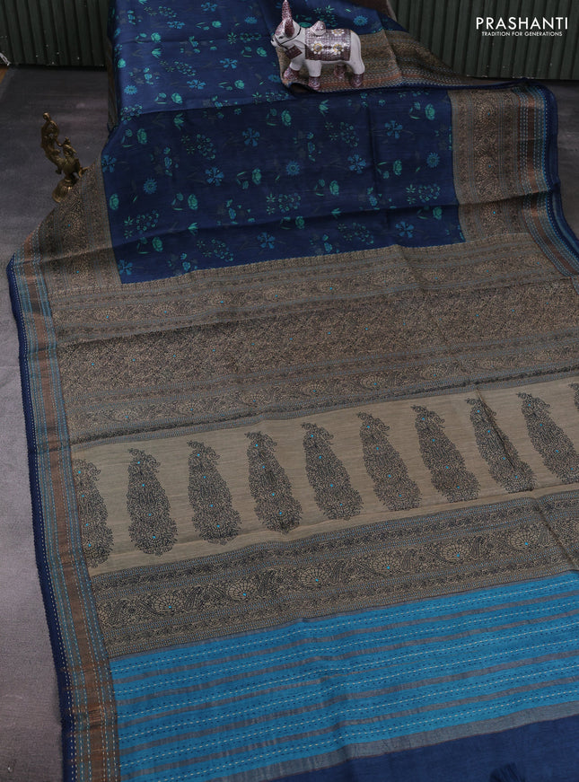 Peacock Blue & Blue Pure Munga Tussar Silk - Kantha Embroidery