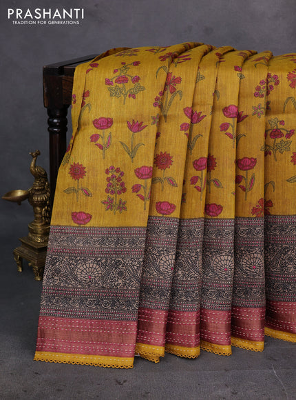 Mustard Yellow & Pink Pure Munga Tussar Silk - Kantha Embroidery