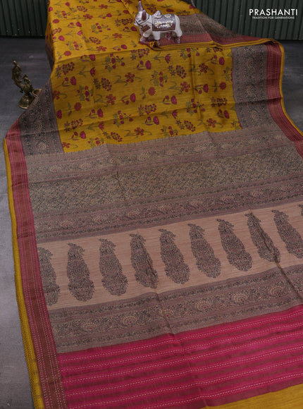 Mustard Yellow & Pink Pure Munga Tussar Silk - Kantha Embroidery