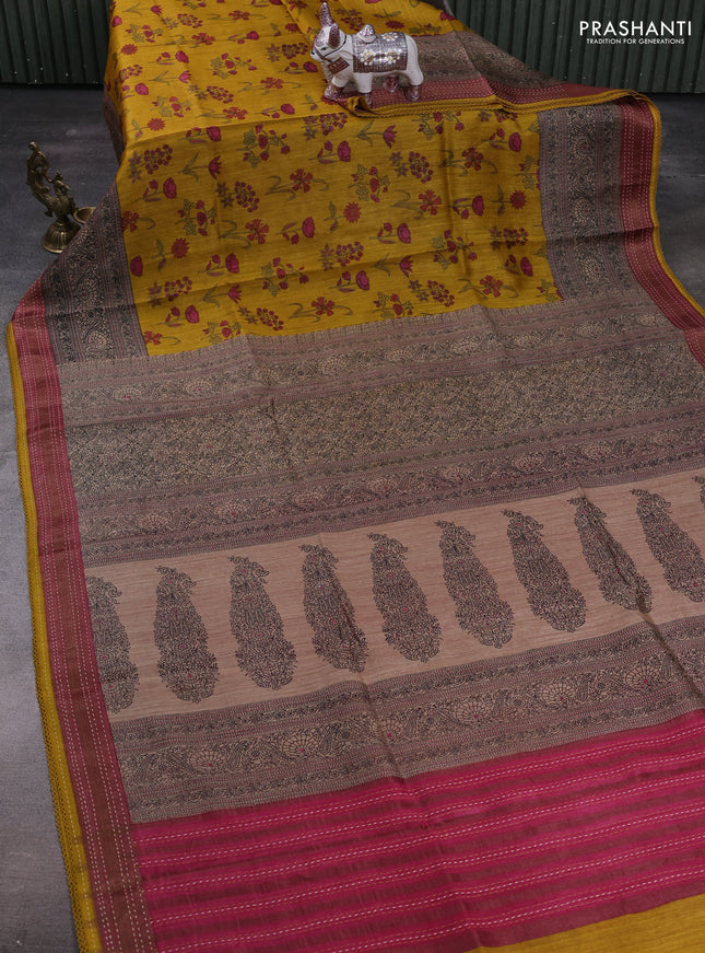 Mustard Yellow & Pink Pure Munga Tussar Silk - Kantha Embroidery