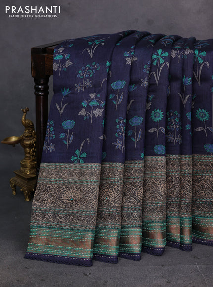 Navy Blue & Teal Green Pure Munga Tussar Silk - Kantha Embroidery