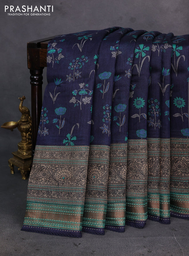 Navy Blue & Teal Green Pure Munga Tussar Silk - Kantha Embroidery