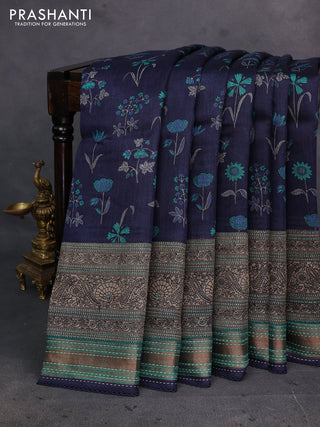 Navy Blue & Teal Green Pure Munga Tussar Silk - Kantha Embroidery