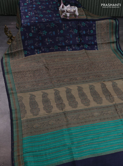 Navy Blue & Teal Green Pure Munga Tussar Silk - Kantha Embroidery