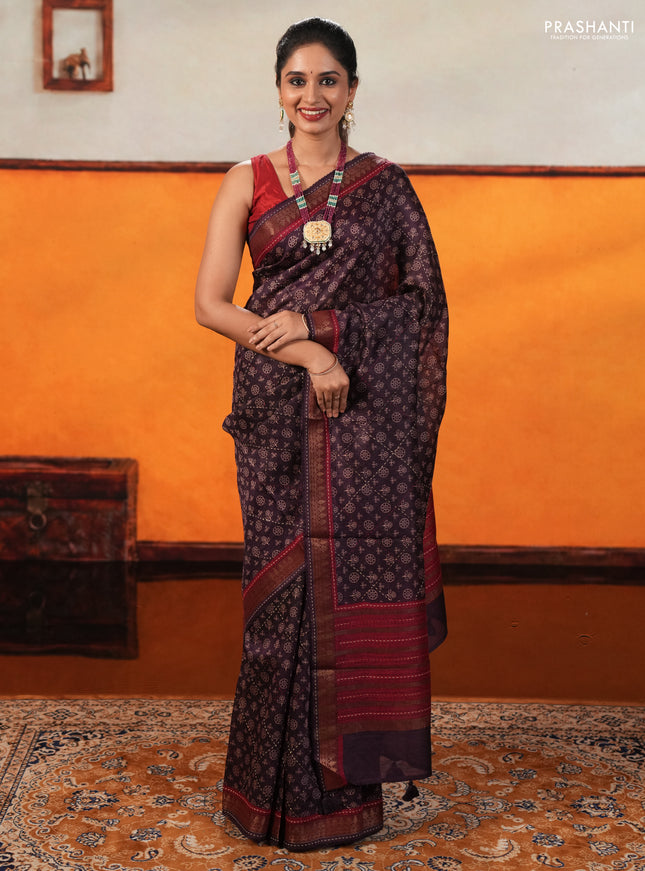 Purple & Maroon Pure Munga Tussar Silk - Kantha Embroidery
